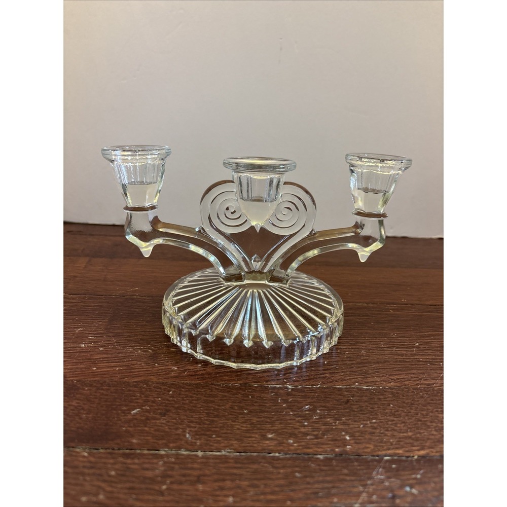 Vintage Jeanette Cosmos Pressed Depression Glass Triple Candlestick Holder